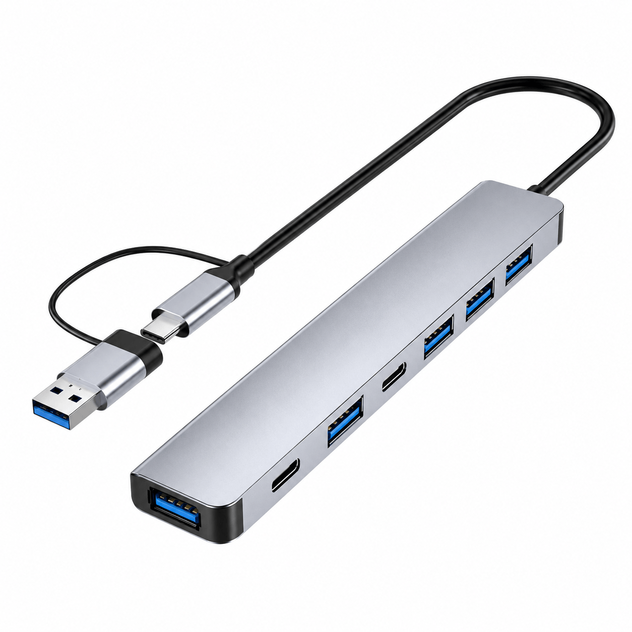 7-Port USB Hub Splitter 1USB3.0+4USB2.0+2USB-C 2.0 with 5W Power Supply High Speed Multiport Expander for Laptop Desktop PC Comp
