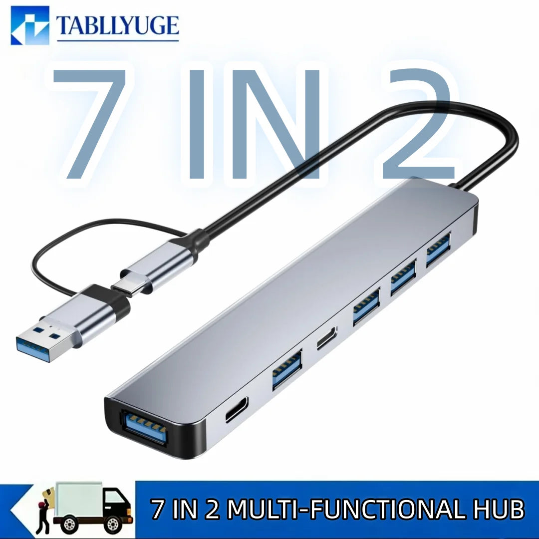 7-Port USB Hub Splitter 1USB3.0+4USB2.0+2USB-C 2.0 with 5W Power Supply High Speed Multiport Expander for Laptop Desktop PC Comp