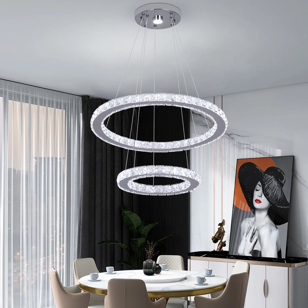Modern Led  Pendant Light Luxury Crystal Rings Dimmable Chandelier Hanging Lustre Ceiling Lamp Living Dining Room Decor Fixture