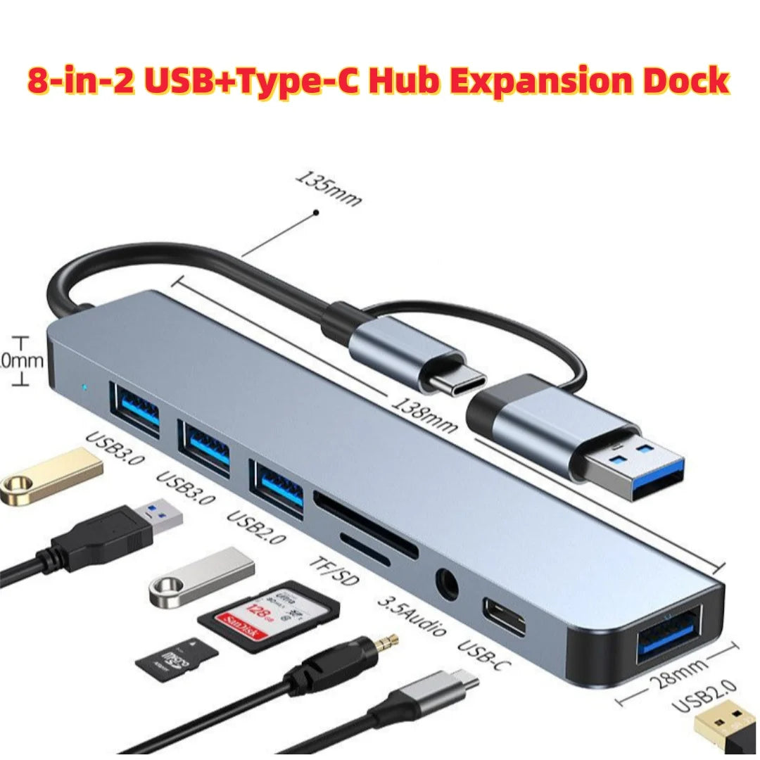 7-Port USB Hub Splitter 1USB3.0+4USB2.0+2USB-C 2.0 with 5W Power Supply High Speed Multiport Expander for Laptop Desktop PC Comp