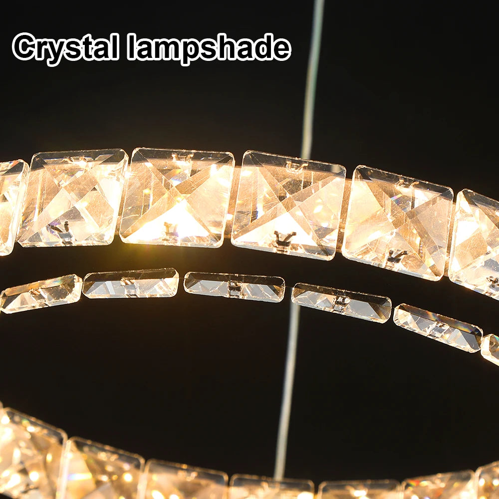 Modern Led  Pendant Light Luxury Crystal Rings Dimmable Chandelier Hanging Lustre Ceiling Lamp Living Dining Room Decor Fixture
