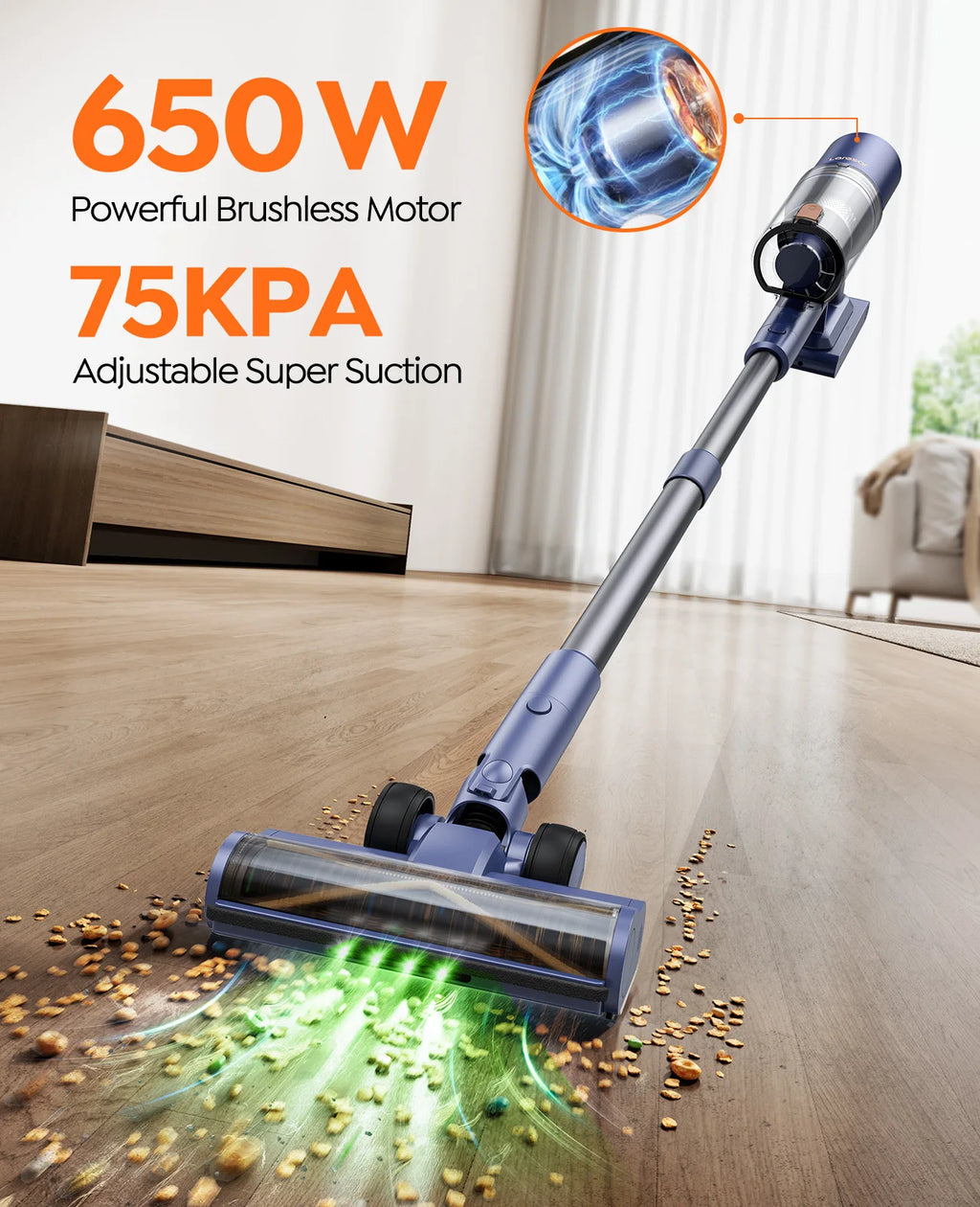 Laresar V11 NEW 650W 75000PA Ultra-Strong Cordless Vacuum Cleaner,90 Min Long Runtime,Removable Battery & Smart Display Vacuum
