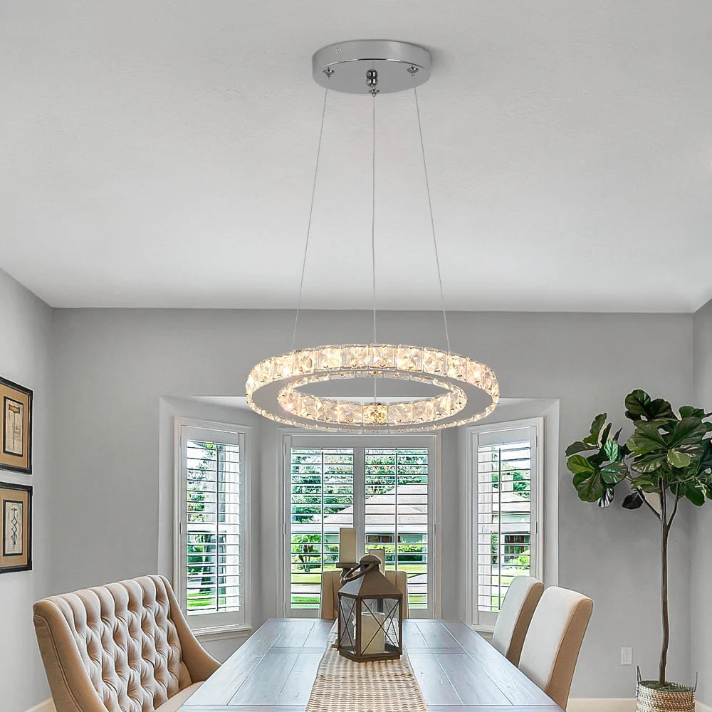 Modern Led  Pendant Light Luxury Crystal Rings Dimmable Chandelier Hanging Lustre Ceiling Lamp Living Dining Room Decor Fixture