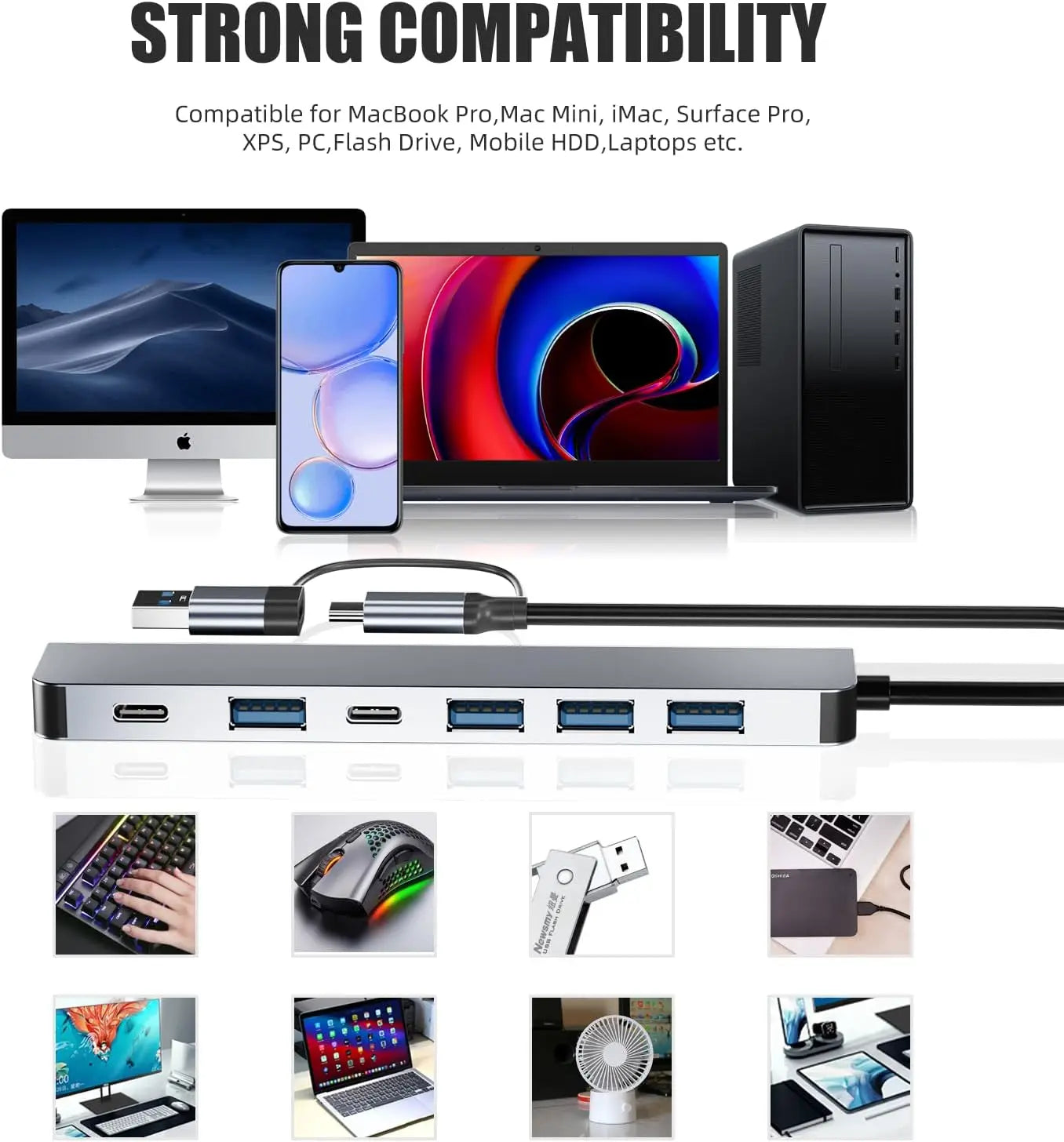 7-Port USB Hub Splitter 1USB3.0+4USB2.0+2USB-C 2.0 with 5W Power Supply High Speed Multiport Expander for Laptop Desktop PC Comp