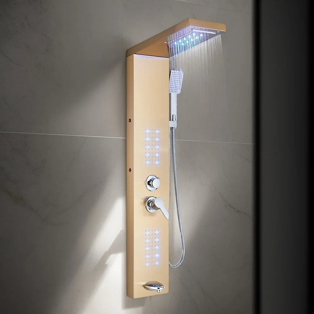 KEMAIDI Shower Panel Bathroom Shower Tower w/ LED Rainfall Waterfall Shower Head Body Massage Jet Shower Tub Spout Shower Column