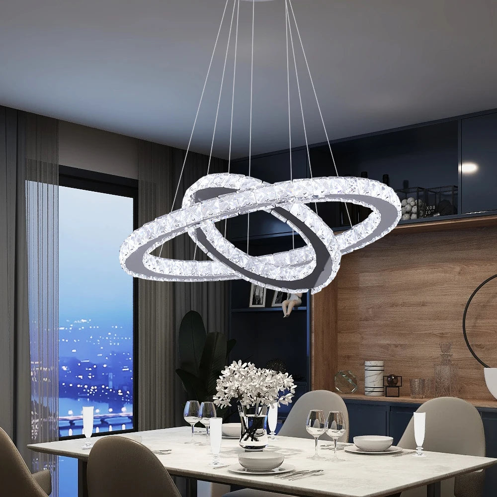 Modern Led  Pendant Light Luxury Crystal Rings Dimmable Chandelier Hanging Lustre Ceiling Lamp Living Dining Room Decor Fixture