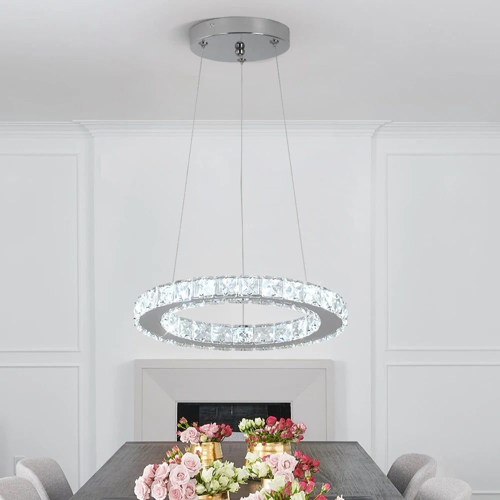 Modern Led  Pendant Light Luxury Crystal Rings Dimmable Chandelier Hanging Lustre Ceiling Lamp Living Dining Room Decor Fixture