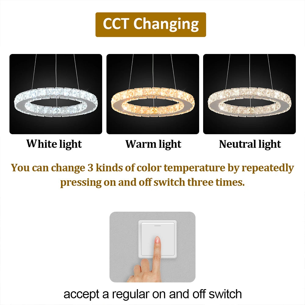 Modern Led  Pendant Light Luxury Crystal Rings Dimmable Chandelier Hanging Lustre Ceiling Lamp Living Dining Room Decor Fixture