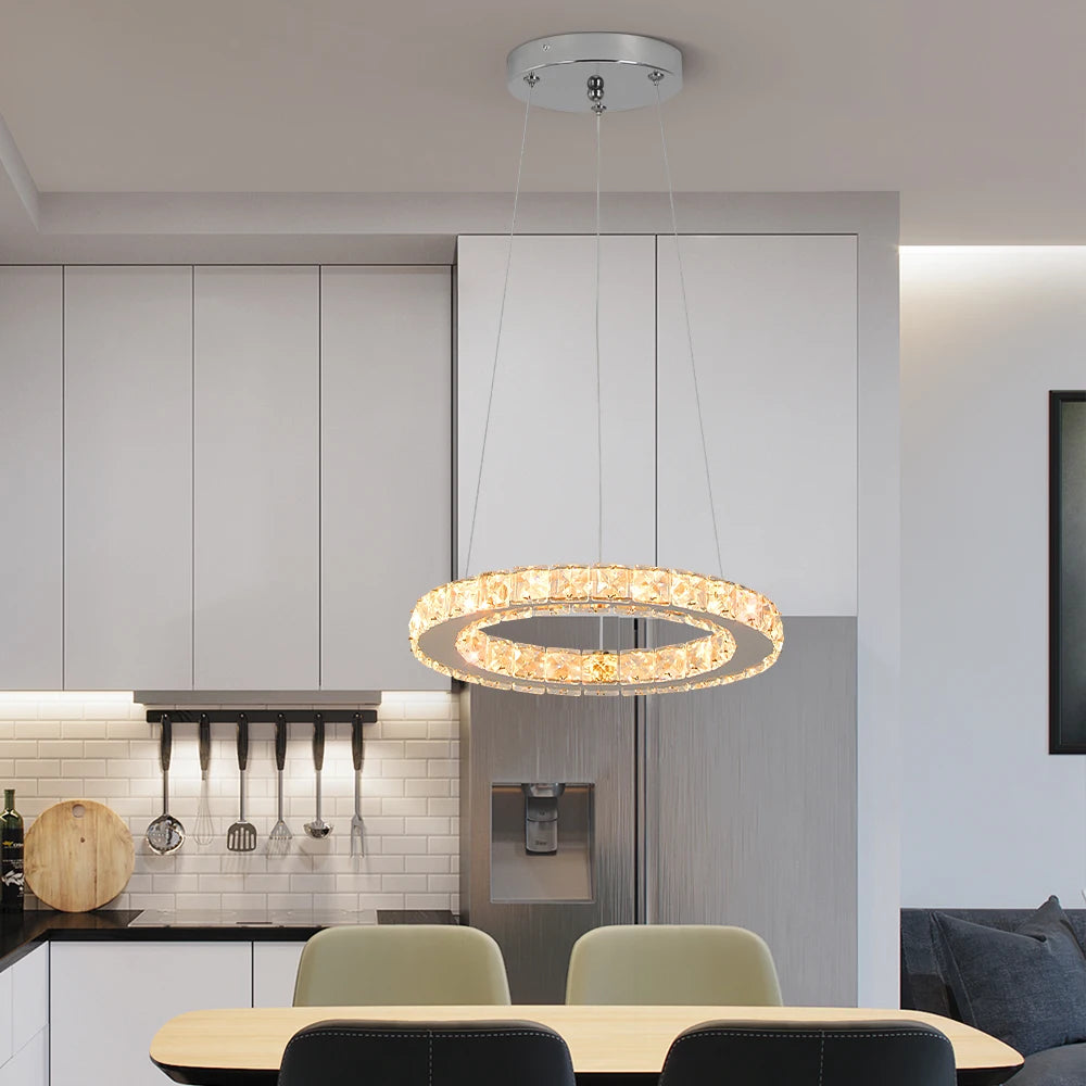 Modern Led  Pendant Light Luxury Crystal Rings Dimmable Chandelier Hanging Lustre Ceiling Lamp Living Dining Room Decor Fixture