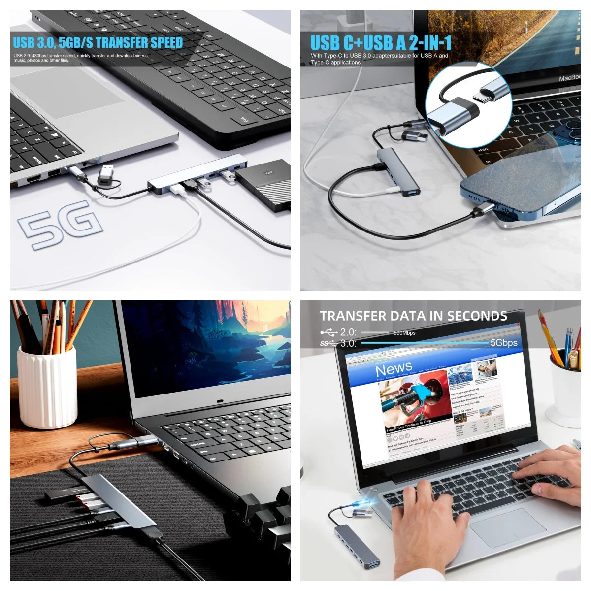 7-Port USB Hub Splitter 1USB3.0+4USB2.0+2USB-C 2.0 with 5W Power Supply High Speed Multiport Expander for Laptop Desktop PC Comp