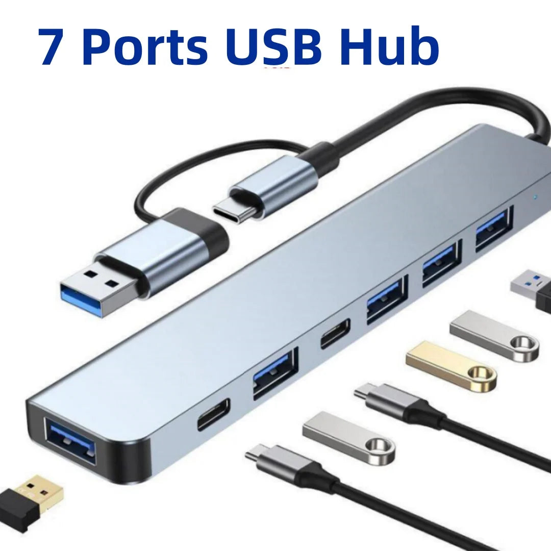 7-Port USB Hub Splitter 1USB3.0+4USB2.0+2USB-C 2.0 with 5W Power Supply High Speed Multiport Expander for Laptop Desktop PC Comp