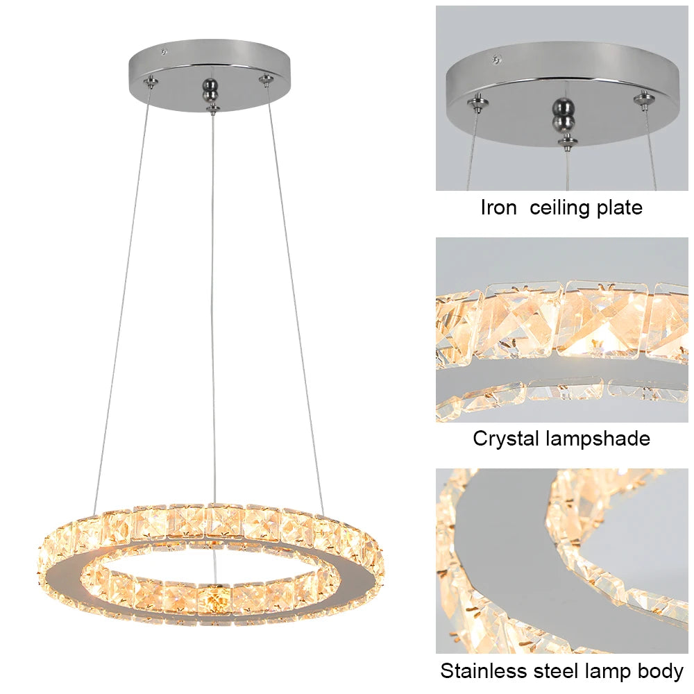 Modern Led  Pendant Light Luxury Crystal Rings Dimmable Chandelier Hanging Lustre Ceiling Lamp Living Dining Room Decor Fixture