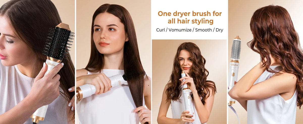 Ukliss 6 In 1 Electric Hair Dryer Brush White gold Blow Dryer Comb Hair Curling Wand Detachable Brush Kit Negative Ion Curler