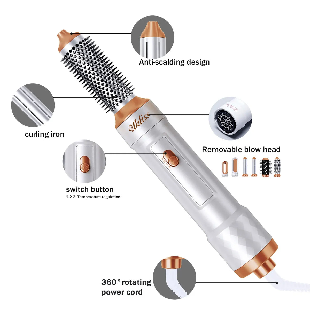 Ukliss 6 In 1 Electric Hair Dryer Brush White gold Blow Dryer Comb Hair Curling Wand Detachable Brush Kit Negative Ion Curler