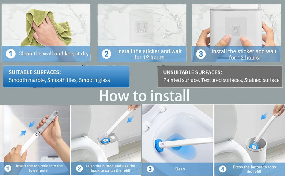 Toilet Brush and Holder Set with Disposable Refills Replacement Head Cleaning Kit Bathroom Cleaning Brush WC Accessories Tool