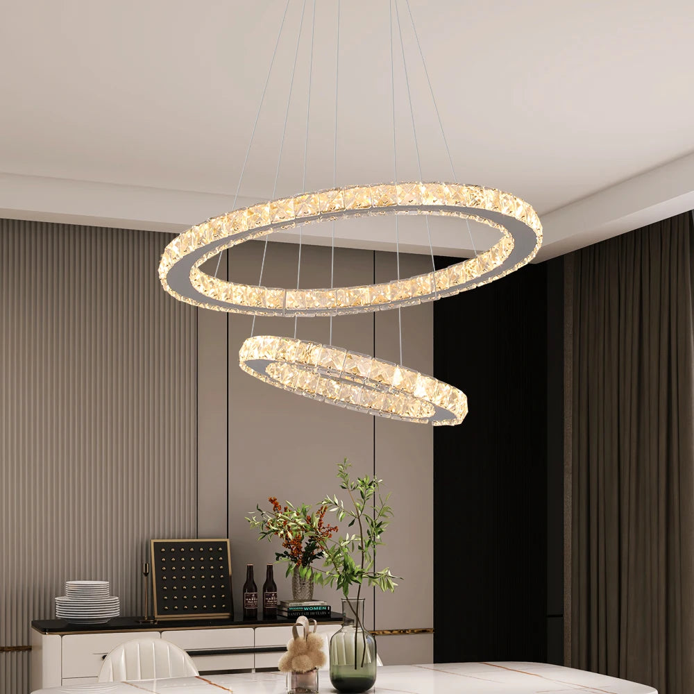 Modern Led  Pendant Light Luxury Crystal Rings Dimmable Chandelier Hanging Lustre Ceiling Lamp Living Dining Room Decor Fixture