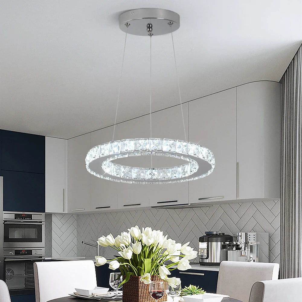 Modern Led  Pendant Light Luxury Crystal Rings Dimmable Chandelier Hanging Lustre Ceiling Lamp Living Dining Room Decor Fixture