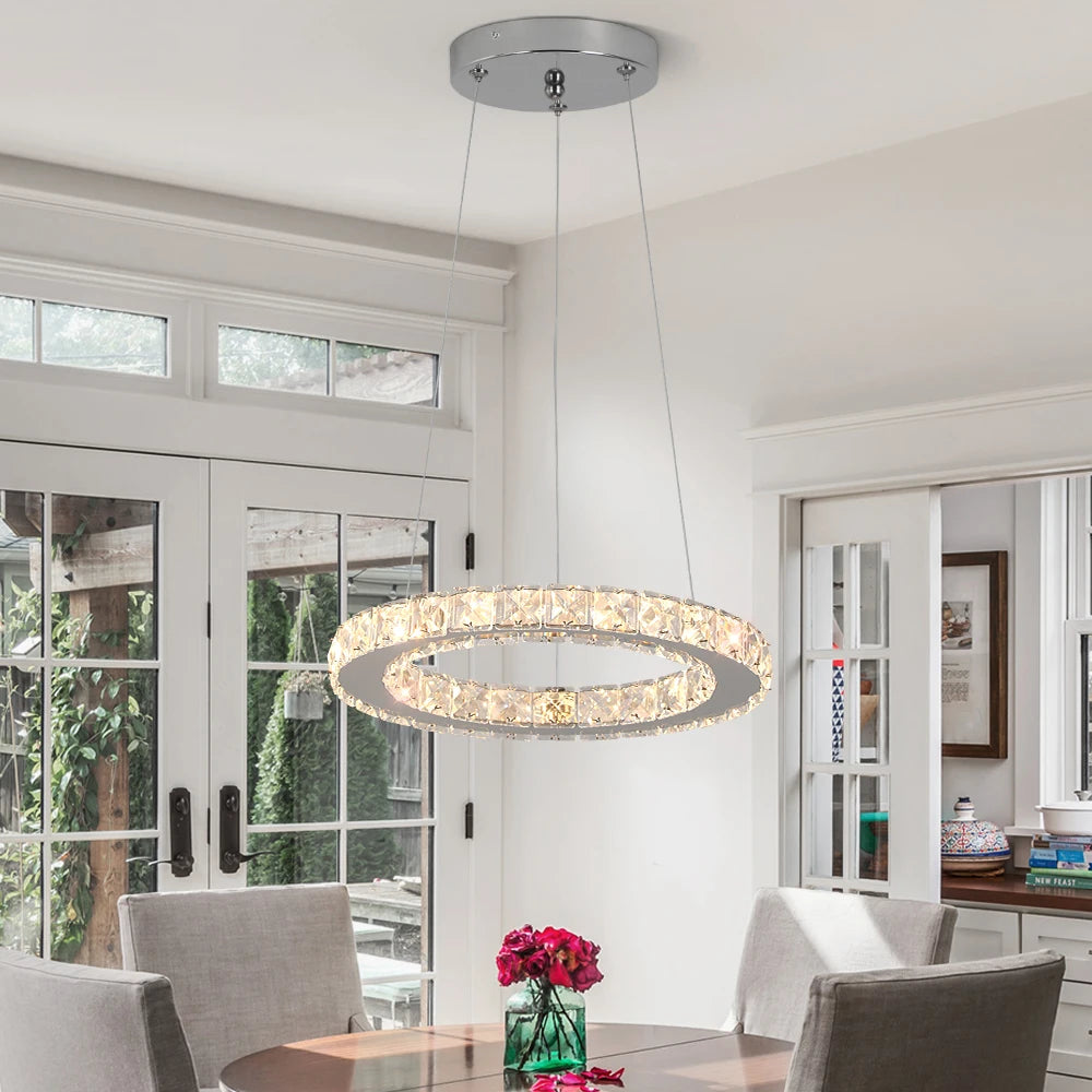 Modern Led  Pendant Light Luxury Crystal Rings Dimmable Chandelier Hanging Lustre Ceiling Lamp Living Dining Room Decor Fixture