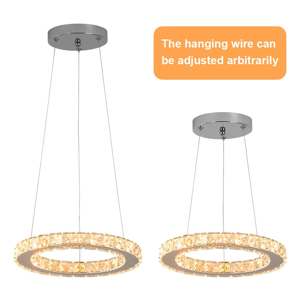 Modern Led  Pendant Light Luxury Crystal Rings Dimmable Chandelier Hanging Lustre Ceiling Lamp Living Dining Room Decor Fixture