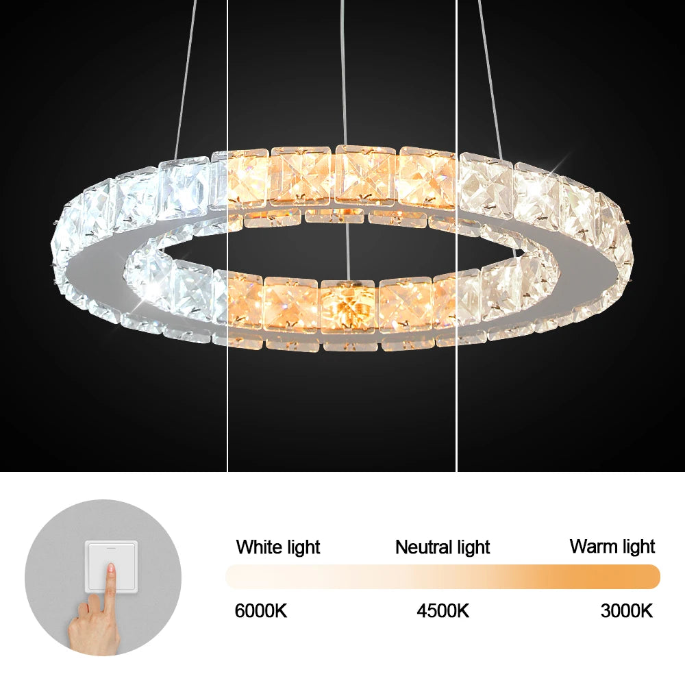 Modern Led  Pendant Light Luxury Crystal Rings Dimmable Chandelier Hanging Lustre Ceiling Lamp Living Dining Room Decor Fixture