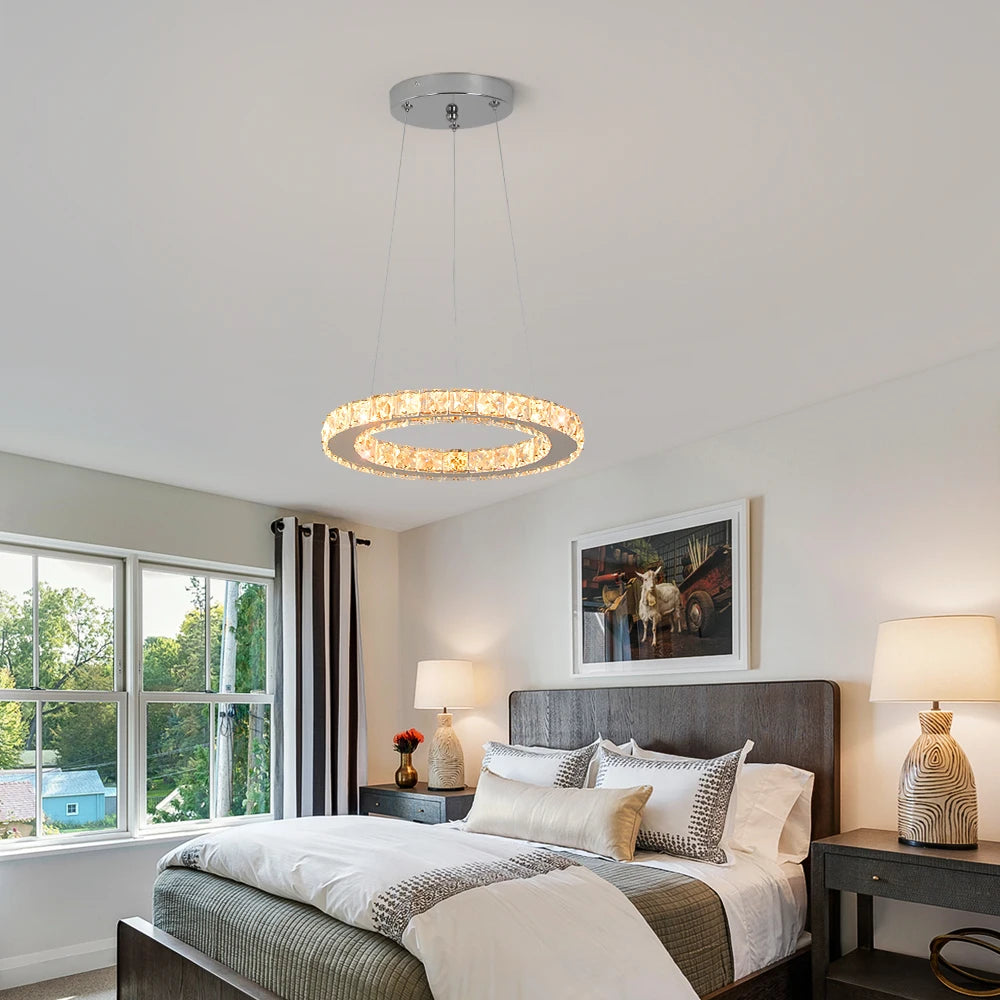 Modern Led  Pendant Light Luxury Crystal Rings Dimmable Chandelier Hanging Lustre Ceiling Lamp Living Dining Room Decor Fixture