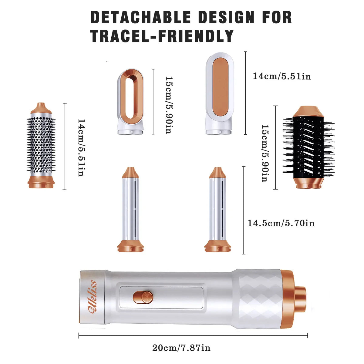 Ukliss 6 In 1 Electric Hair Dryer Brush White gold Blow Dryer Comb Hair Curling Wand Detachable Brush Kit Negative Ion Curler