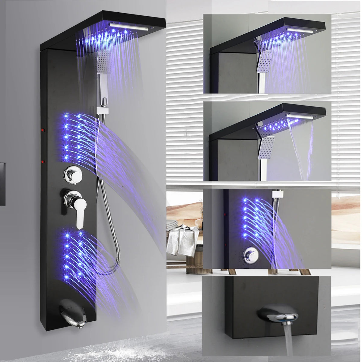 KEMAIDI Shower Panel Bathroom Shower Tower w/ LED Rainfall Waterfall Shower Head Body Massage Jet Shower Tub Spout Shower Column